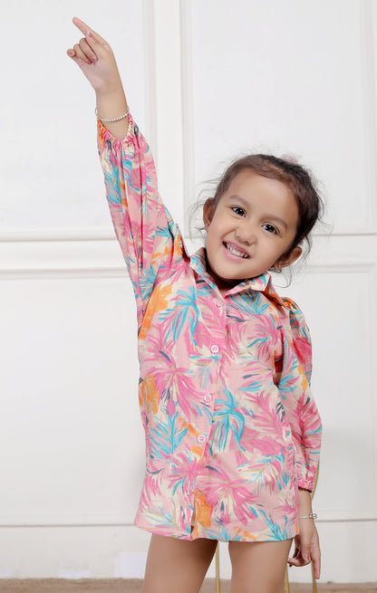 Tropical Floral Shirt Dress with Puff Sleeves