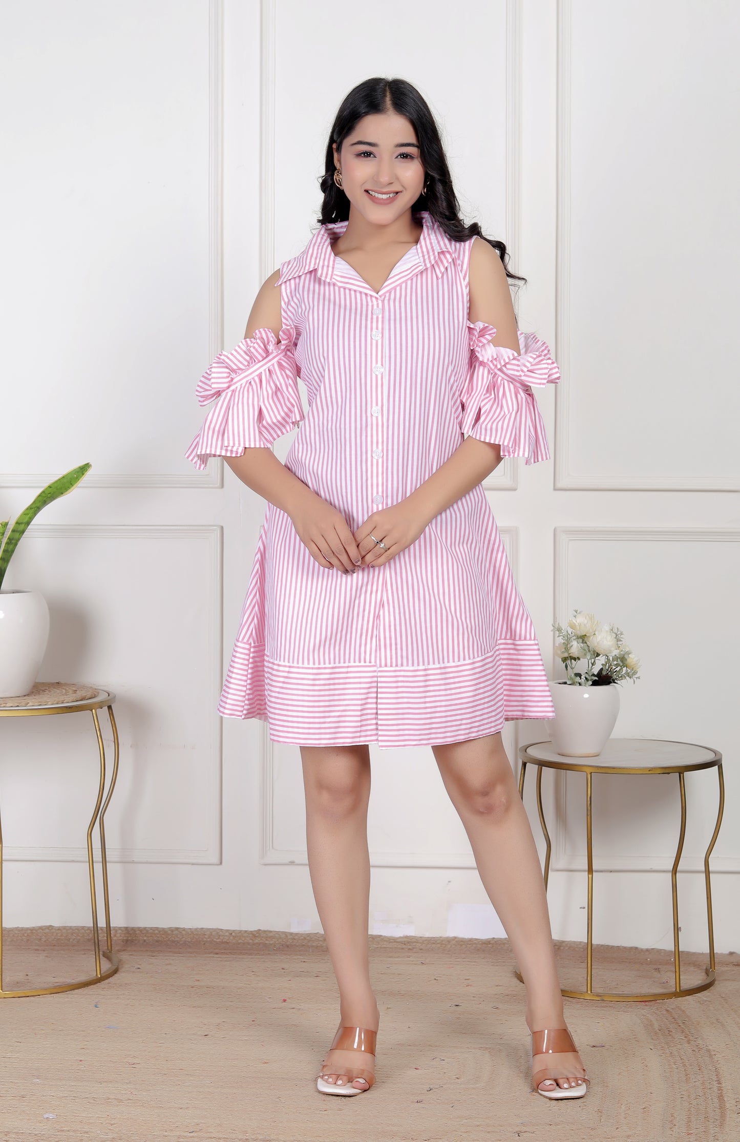 Pink Striped Cold-Shoulder Shirt Dress with Ruffle Sleeves