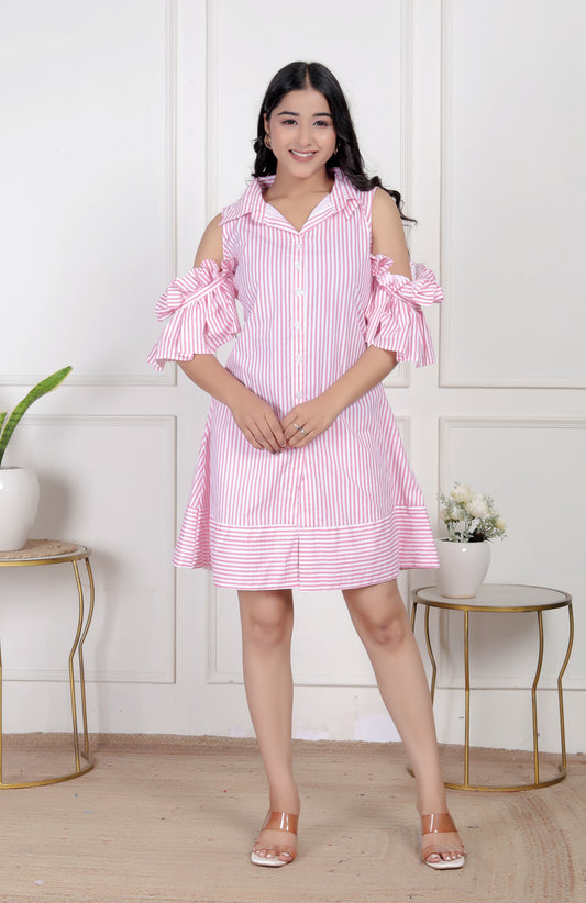 Pink Striped Cold-Shoulder Shirt Dress with Ruffle Sleeves