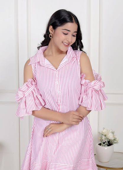Pink Striped Cold-Shoulder Shirt Dress with Ruffle Sleeves