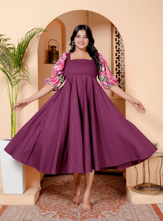 Wine Fit & Flare Midi Dress with Floral Puff Sleeves