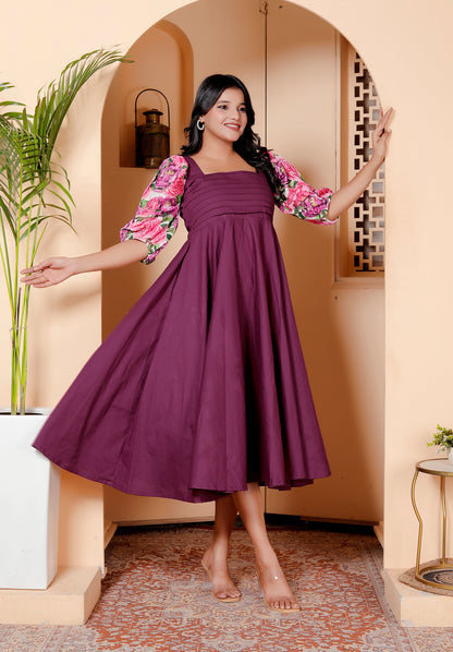 Wine Fit & Flare Midi Dress with Floral Puff Sleeves