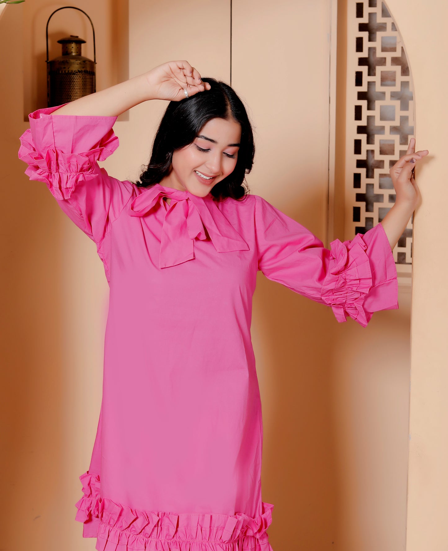 Pink Ruffle Sleeve Bow Neck Dress