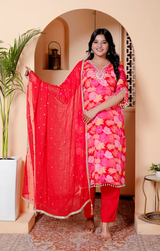 Red Floral Embroidered Kurta Set with Dupatta