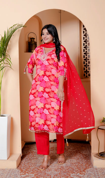 Red Floral Embroidered Kurta Set with Dupatta