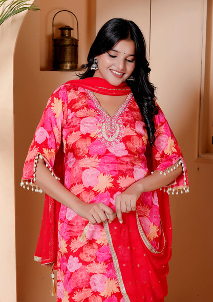 Red Floral Embroidered Kurta Set with Dupatta
