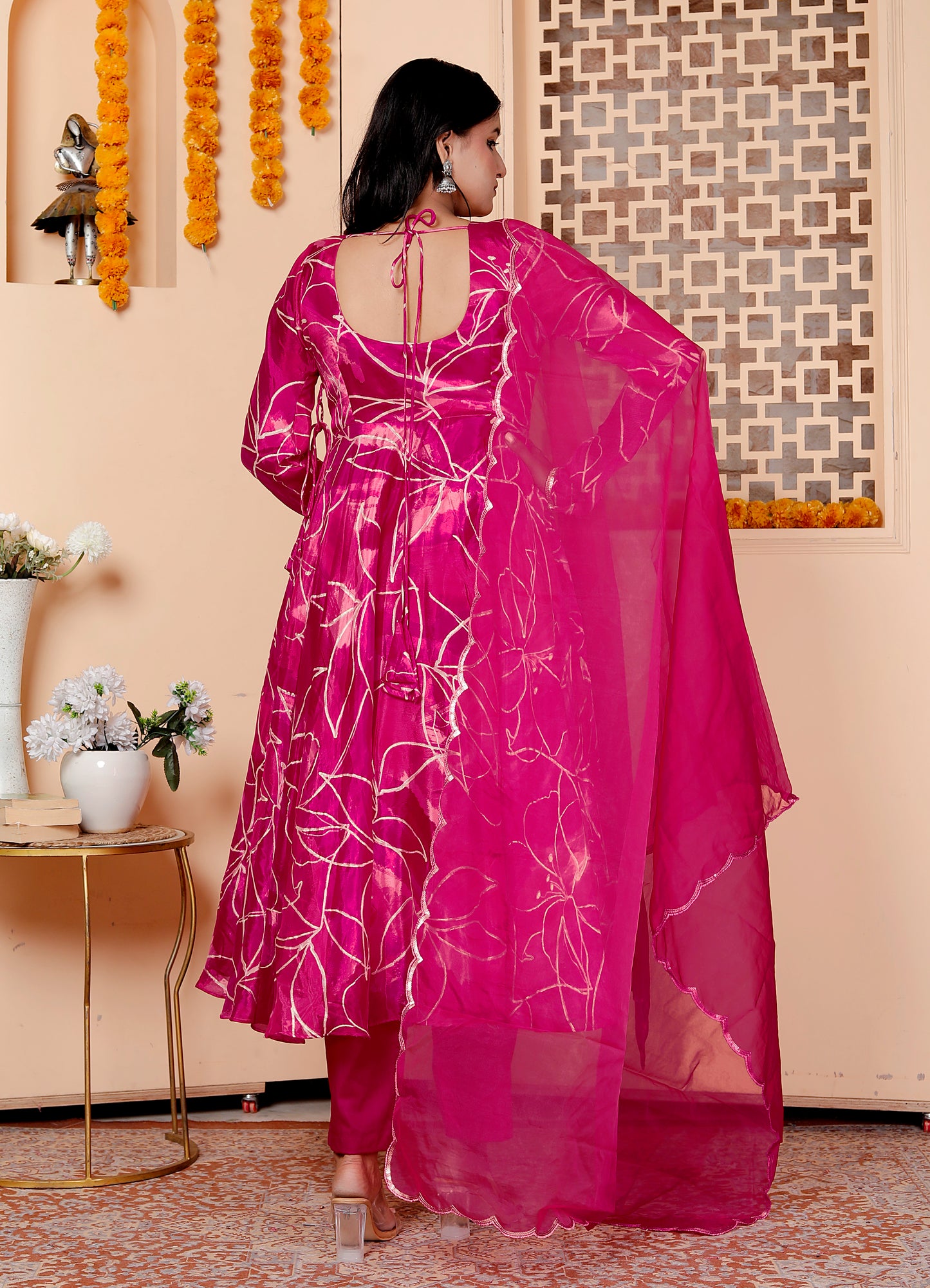 Magenta Handblock Foil Printed Anarkali Set with Dupatta