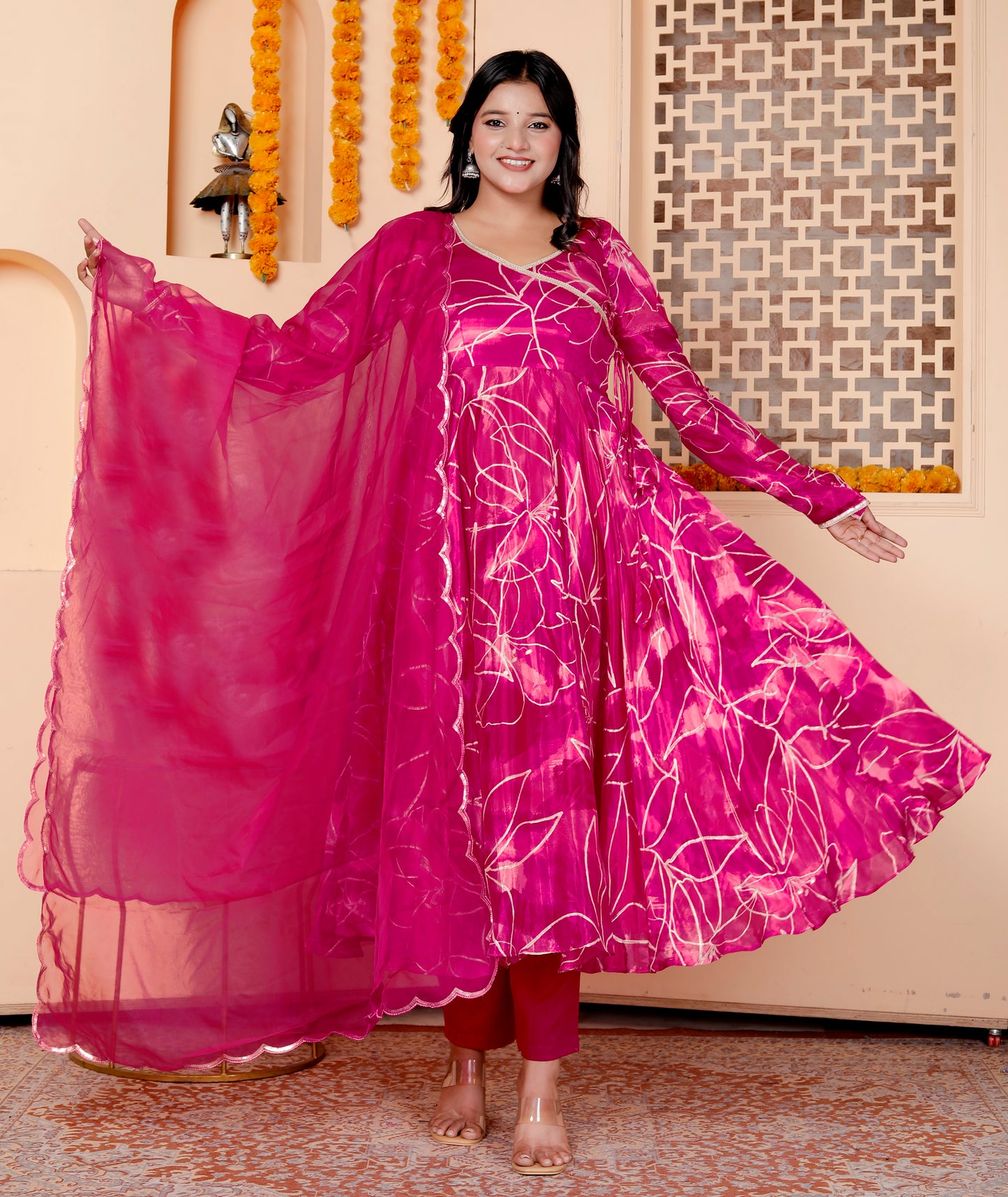 Magenta Handblock Foil Printed Anarkali Set with Dupatta