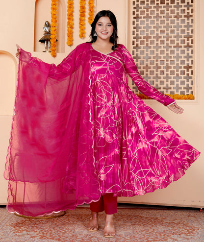 Magenta Handblock Foil Printed Anarkali Set with Dupatta