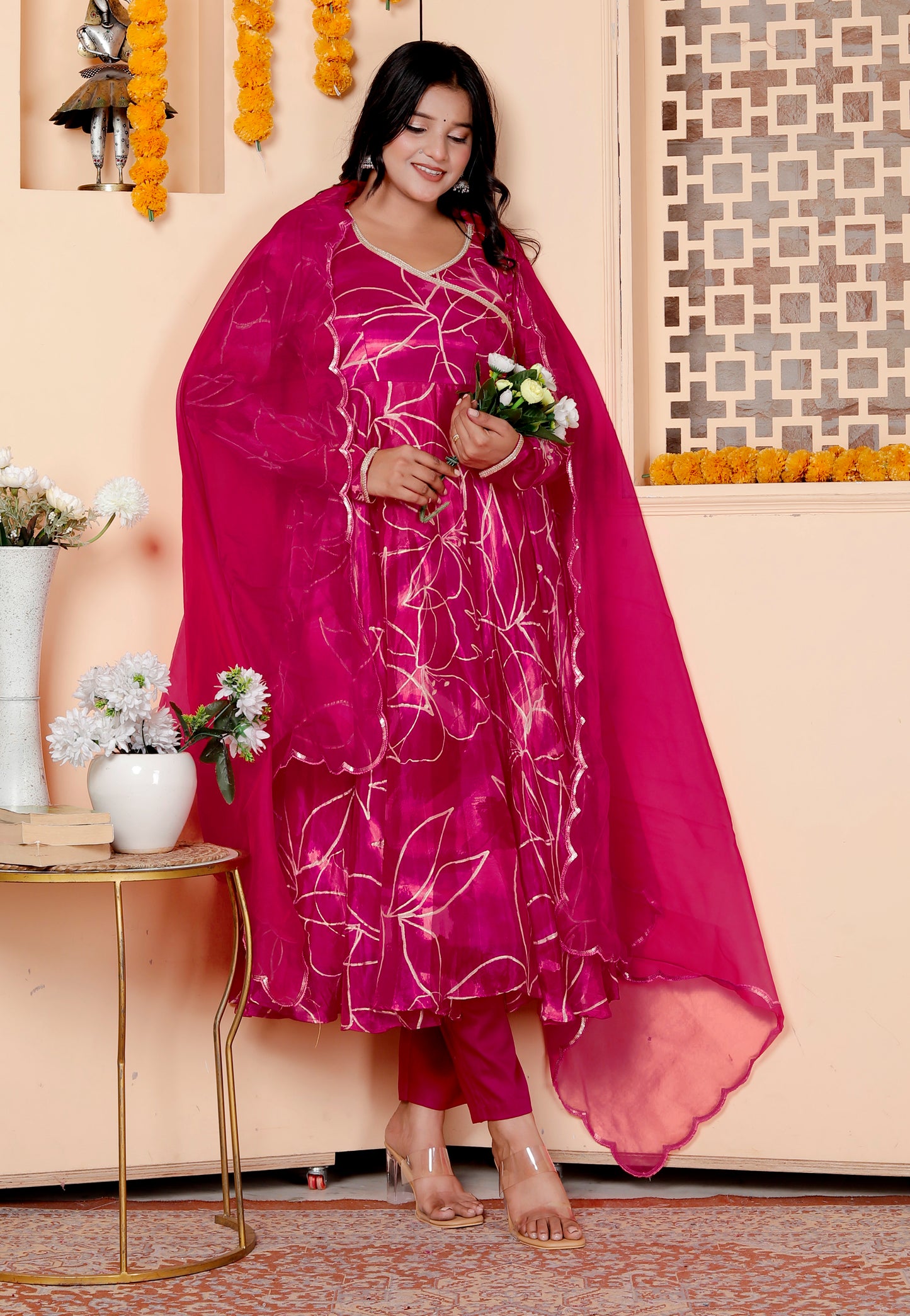 Magenta Handblock Foil Printed Anarkali Set with Dupatta
