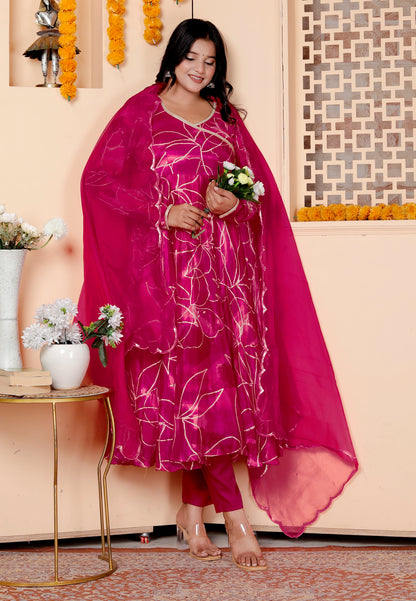 Magenta Handblock Foil Printed Anarkali Set with Dupatta
