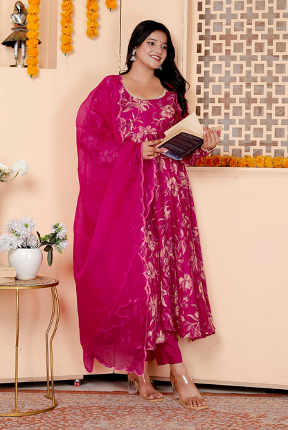 Magenta Floral Anarkali Suit Set with Dupatta