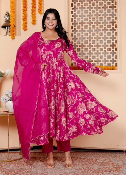 Magenta Floral Anarkali Suit Set with Dupatta