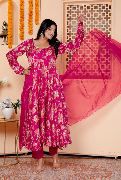 Magenta Floral Anarkali Suit Set with Dupatta