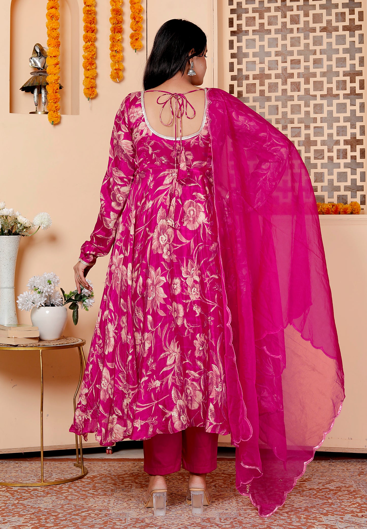 Magenta Floral Anarkali Suit Set with Dupatta