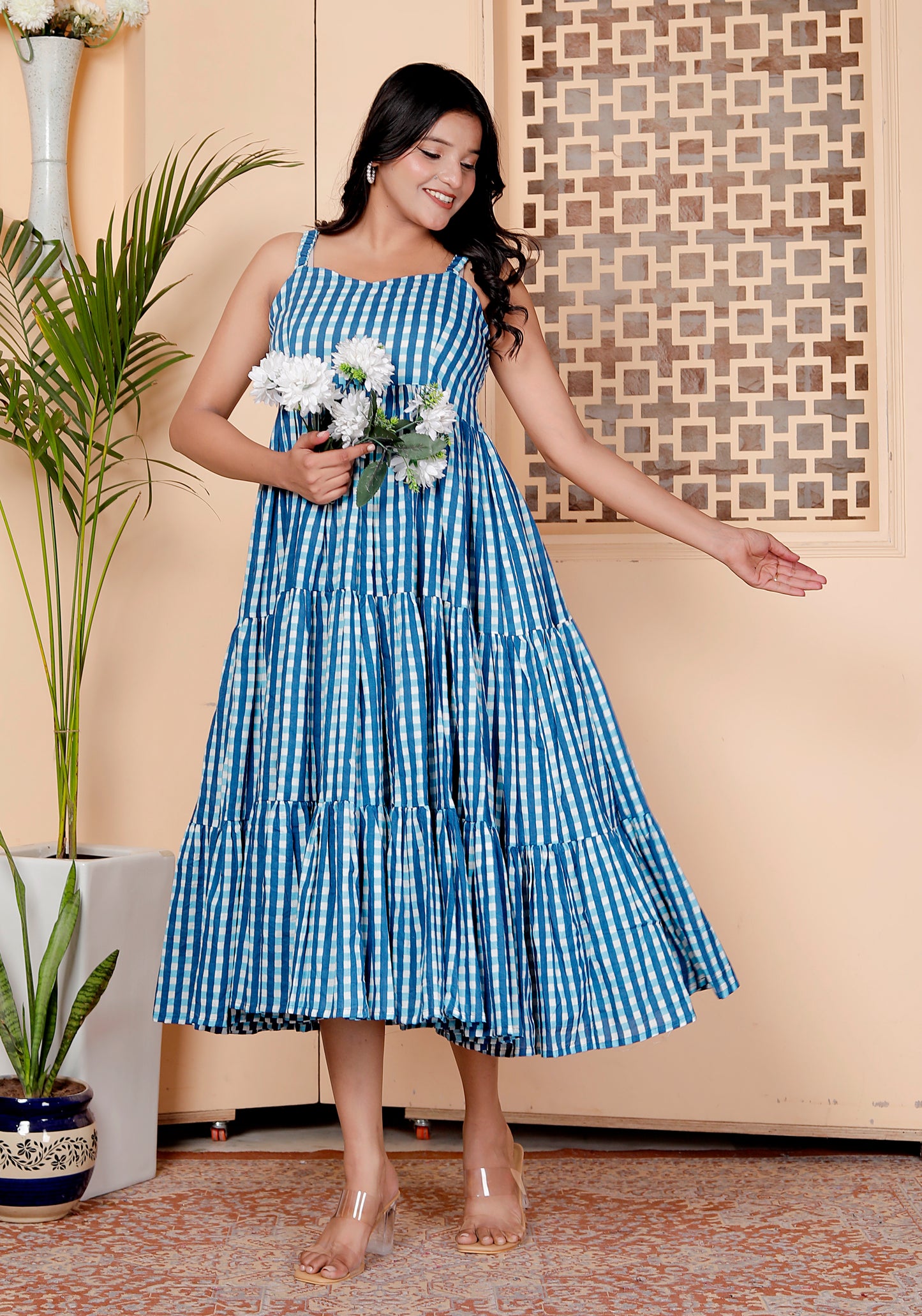 Blue Gingham Tiered Maxi Dress