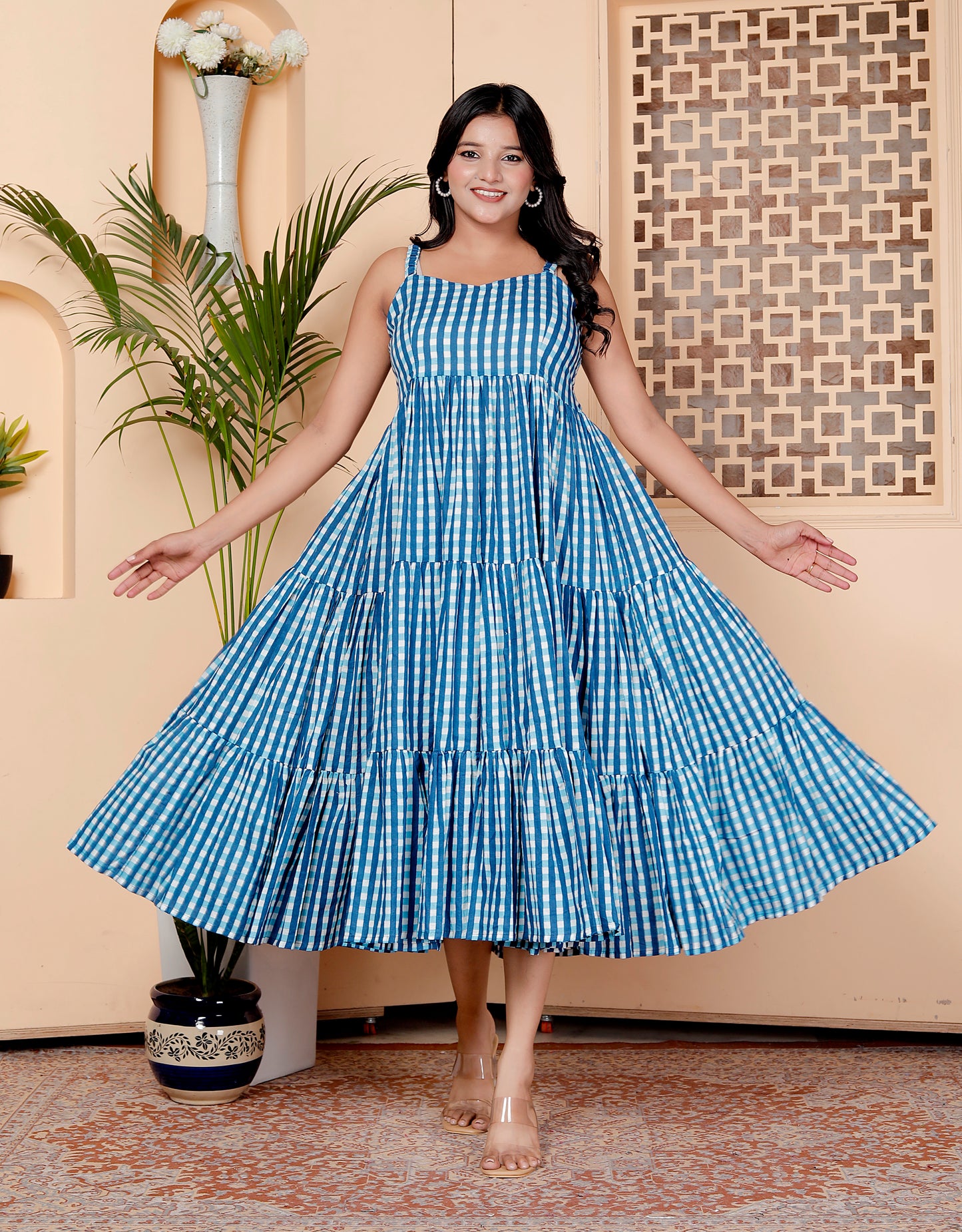 Blue Gingham Tiered Maxi Dress