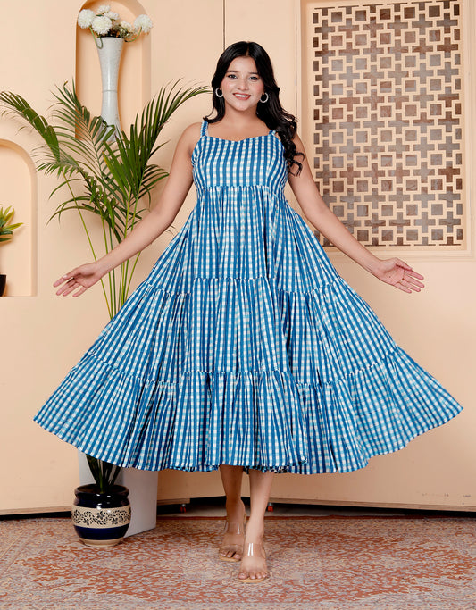 Blue Gingham Tiered Maxi Dress