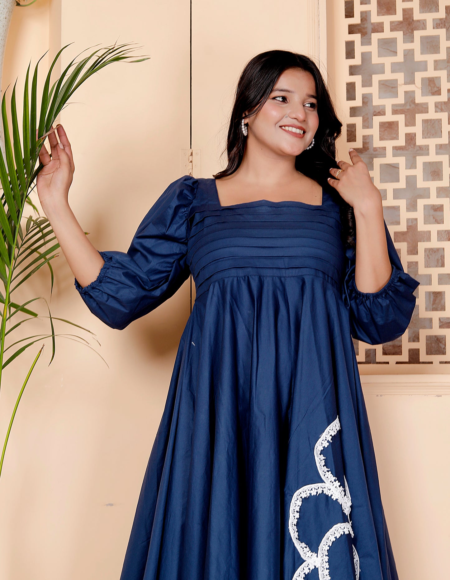 Navy Blue Bloom Embroidered Midi Dress