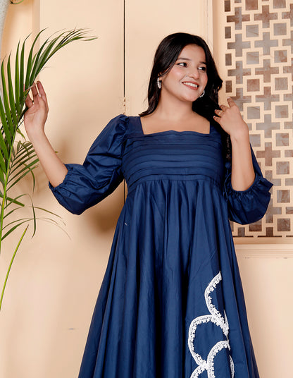 Navy Blue Bloom Embroidered Midi Dress