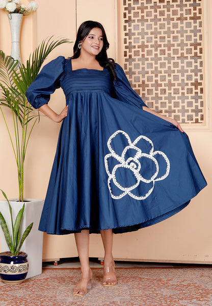 Navy Blue Bloom Embroidered Midi Dress