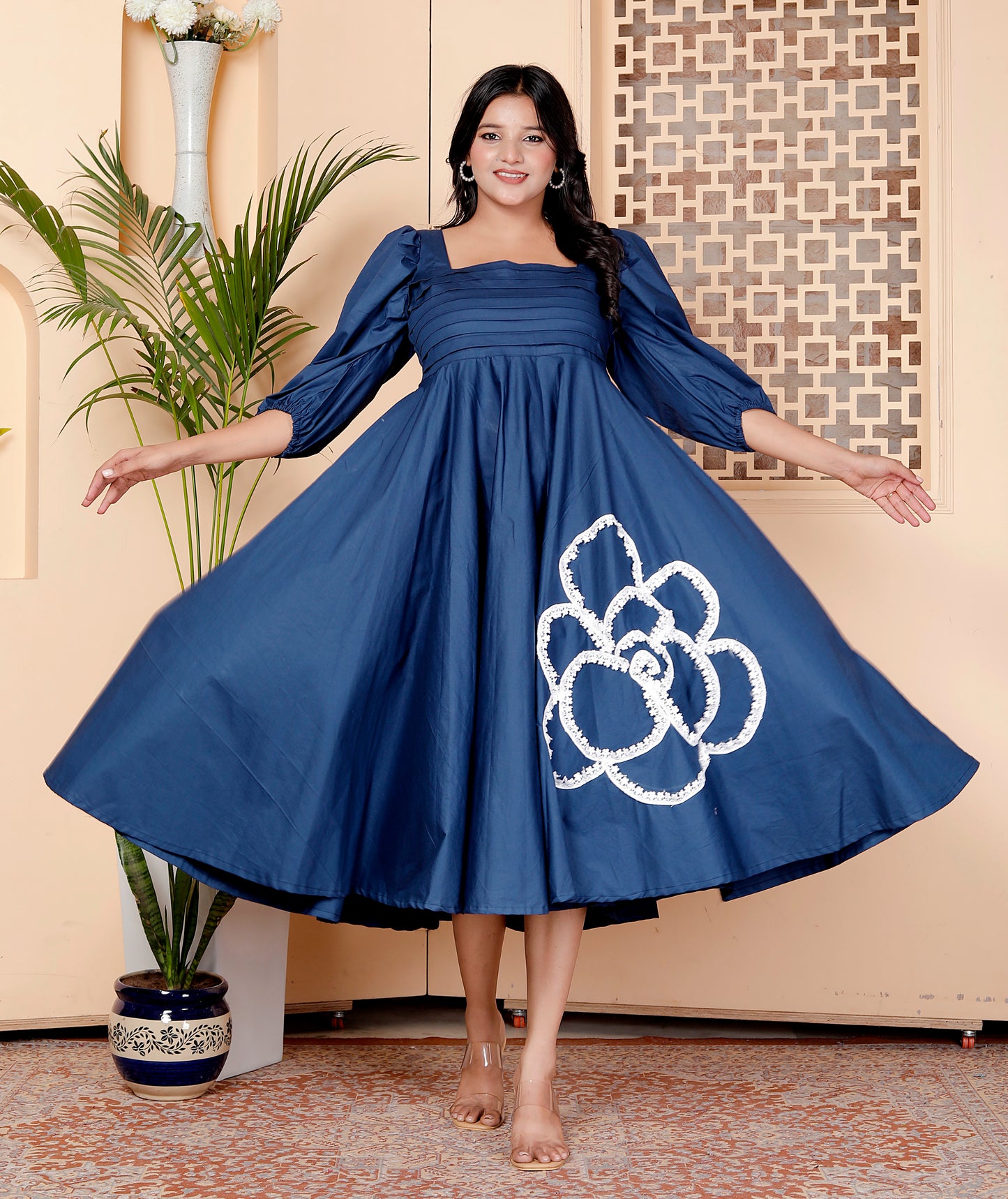 Navy Blue Bloom Embroidered Midi Dress