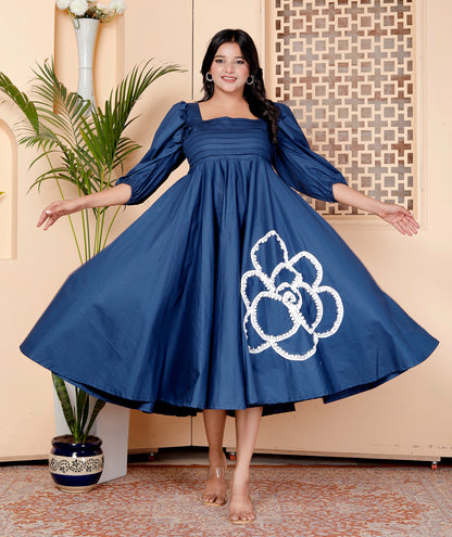 Navy Blue Bloom Embroidered Midi Dress