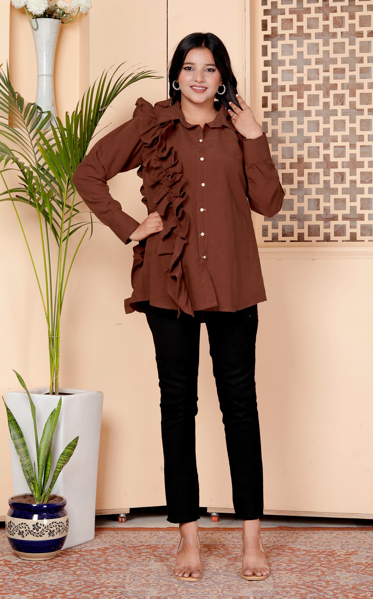 Brown Ruffle Statement Shirt