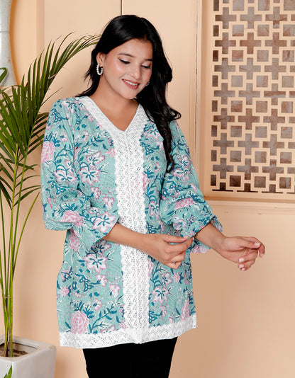 Aqua Floral Print Short Kurti with Lace Detailing