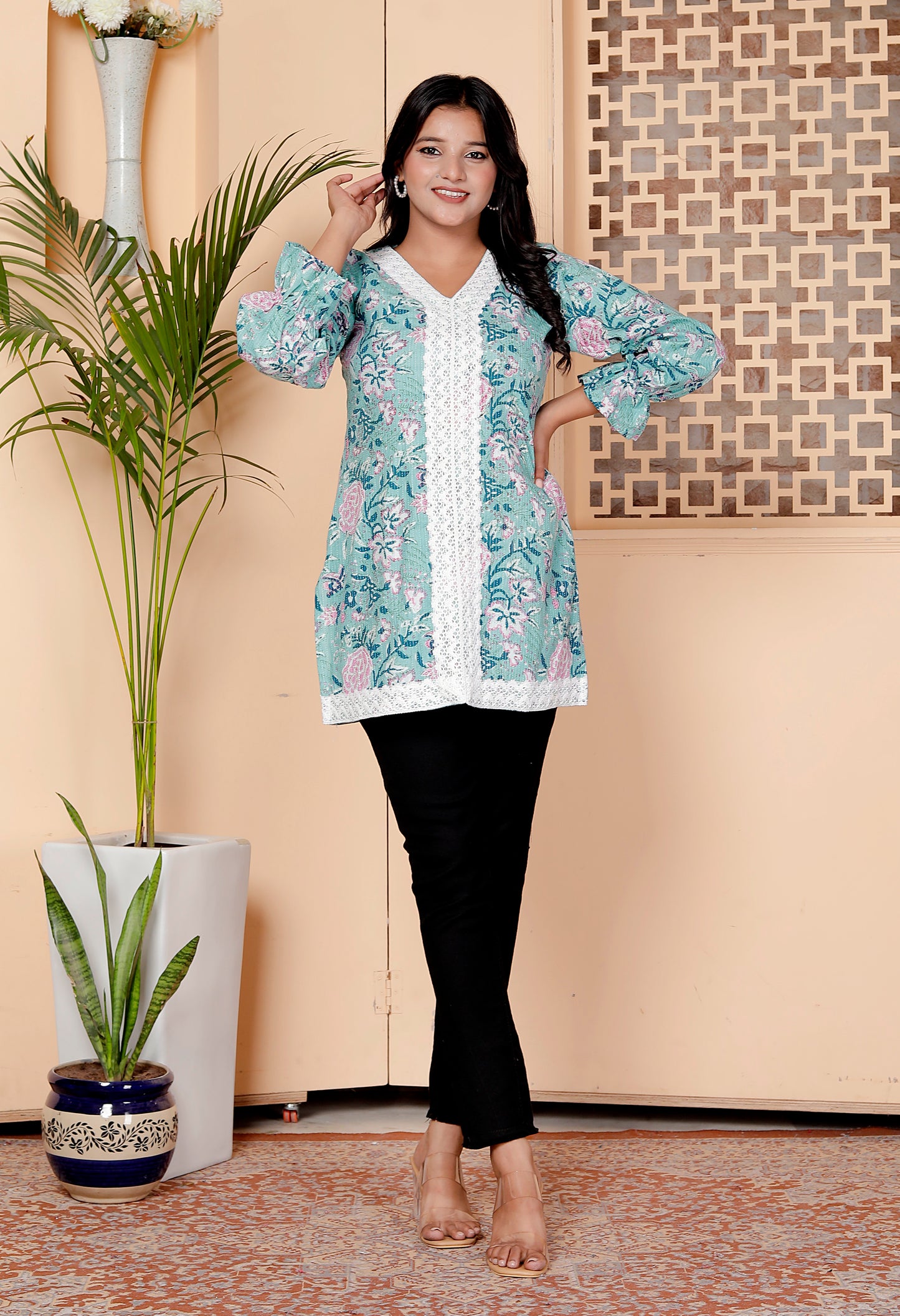Aqua Floral Print Short Kurti with Lace Detailing