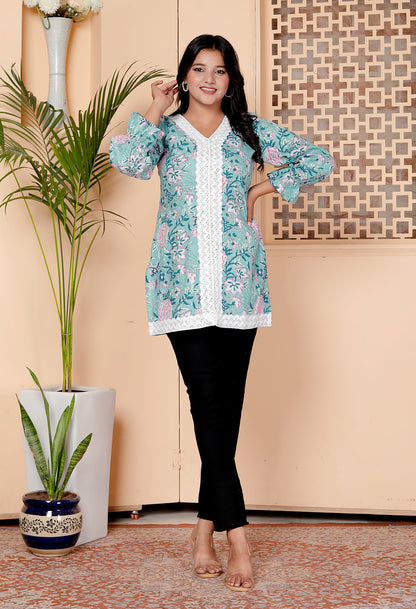 Aqua Floral Print Short Kurti with Lace Detailing