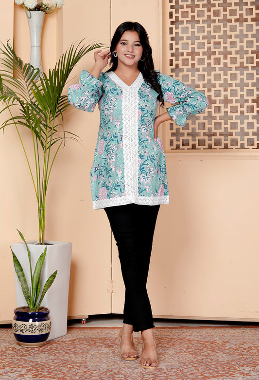 Aqua Floral Print Short Kurti with Lace Detailing