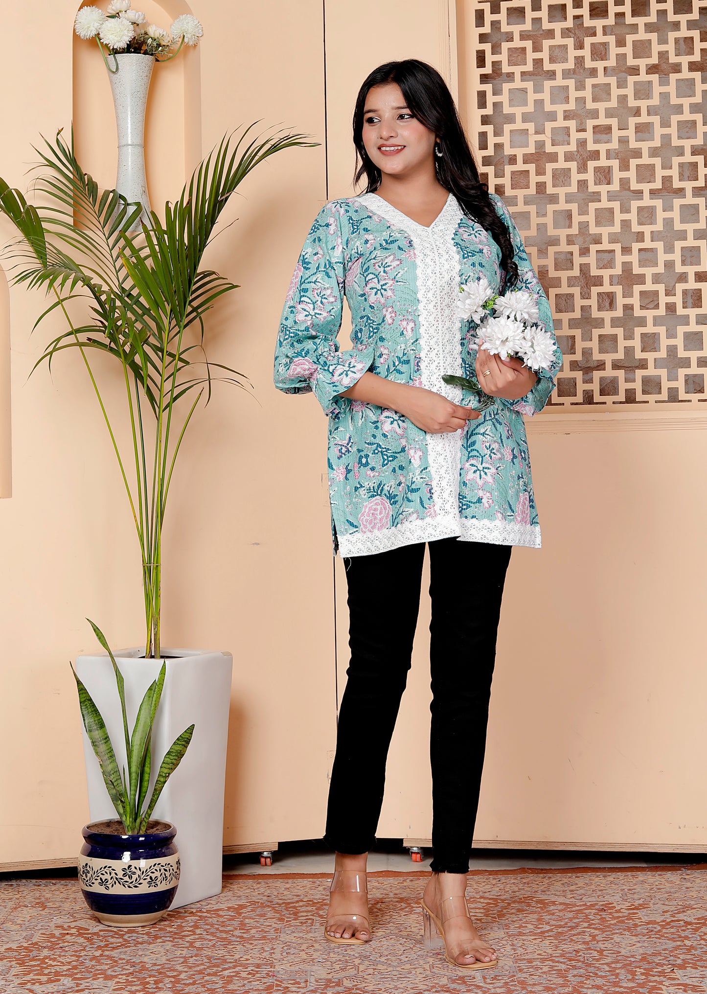 Aqua Floral Print Short Kurti with Lace Detailing