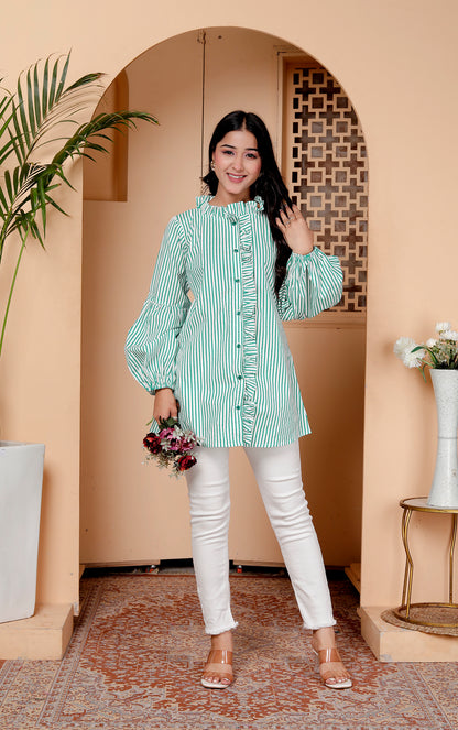 Green Striped Ruffle Detail Shirt Tunic