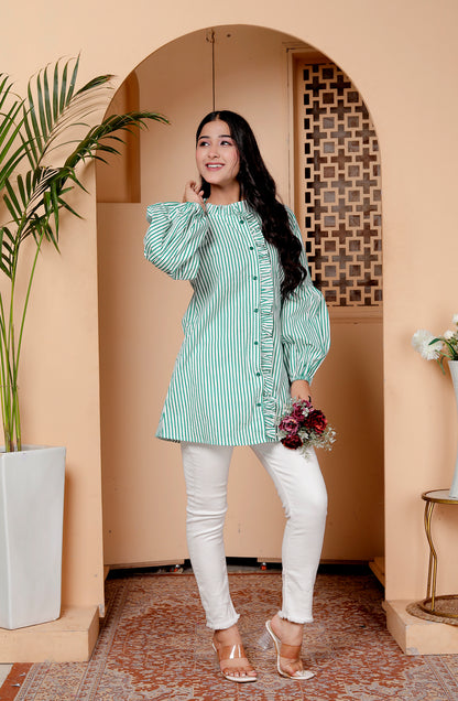 Green Striped Ruffle Detail Shirt Tunic