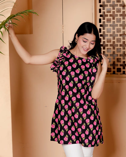 Black & Pink Floral Sleeveless Short Kurti