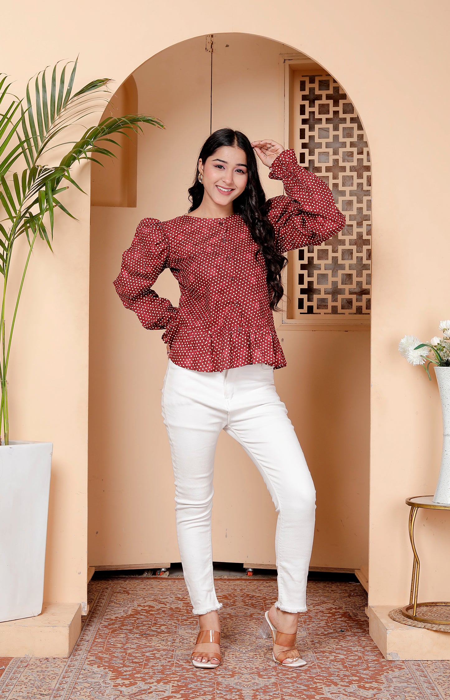 Maroon Polka Dot Puff Sleeve Peplum Top