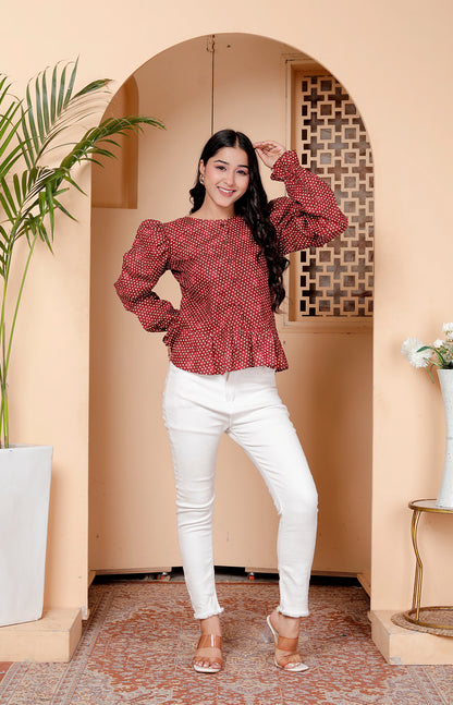 Maroon Polka Dot Puff Sleeve Peplum Top