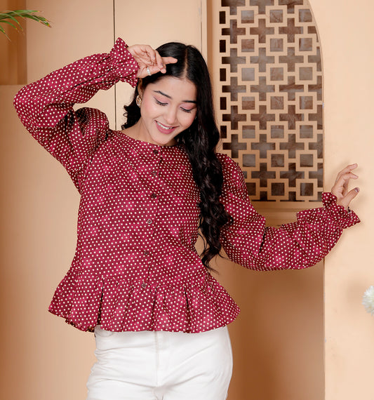 Maroon Polka Dot Puff Sleeve Peplum Top