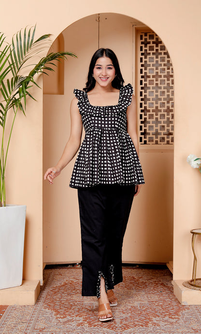 Black & White Checkered Co-ord Set with Ruffle Top