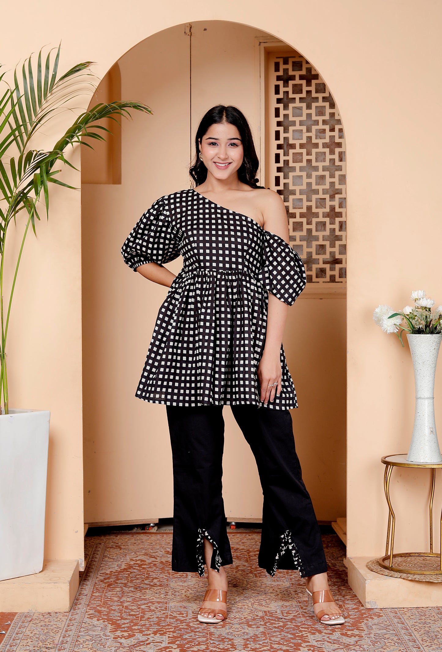 Black & White One-Shoulder Co-ord Set with Statement Sleeves