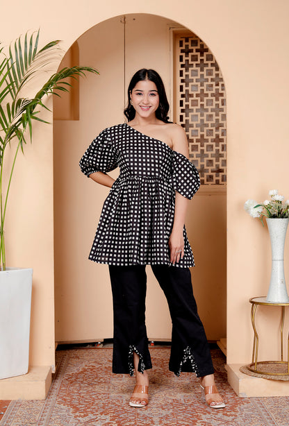 Black & White One-Shoulder Co-ord Set with Statement Sleeves