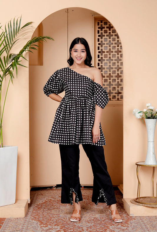 Black & White One-Shoulder Co-ord Set with Statement Sleeves