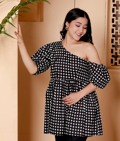 Black & White One-Shoulder Co-ord Set with Statement Sleeves