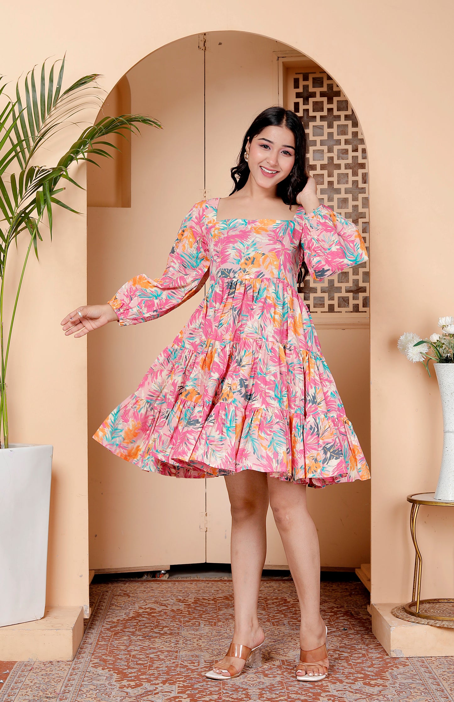 Tropical Pink Floral Flared Mini Dress