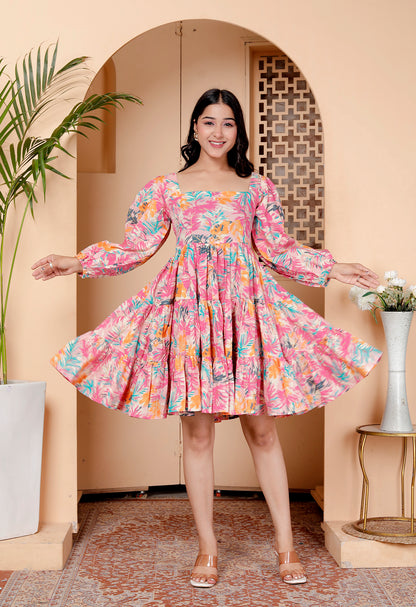 Tropical Pink Floral Flared Mini Dress