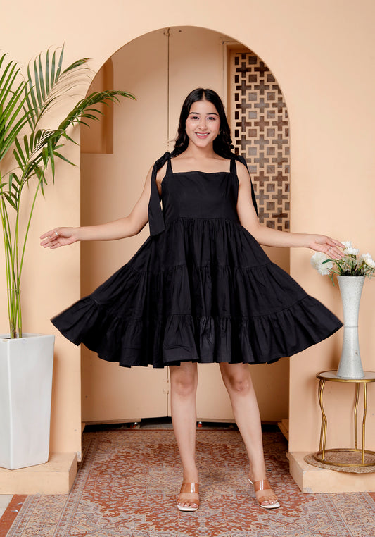 Black Tiered Sleeveless Dress with Tie-Up Straps