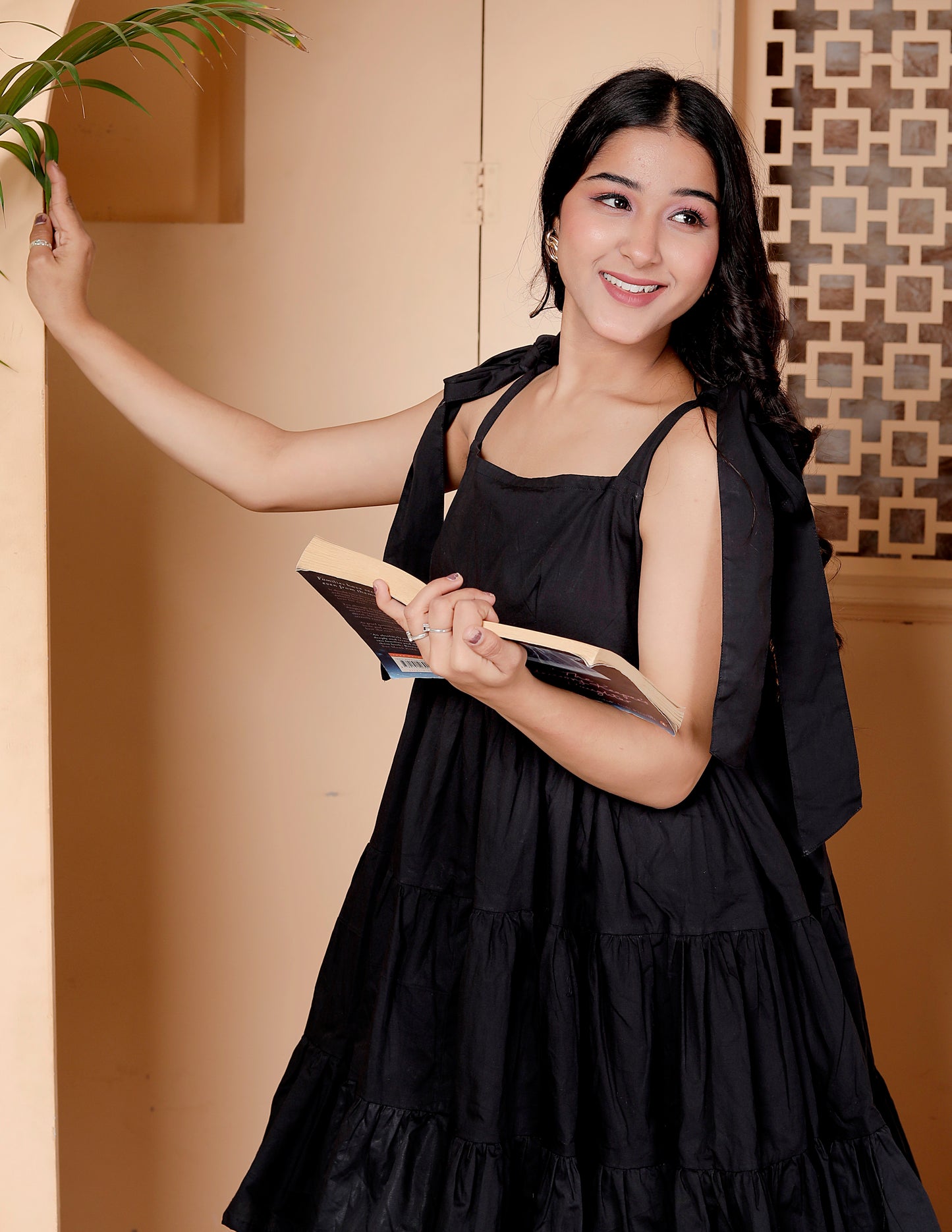 Black Tiered Sleeveless Dress with Tie-Up Straps