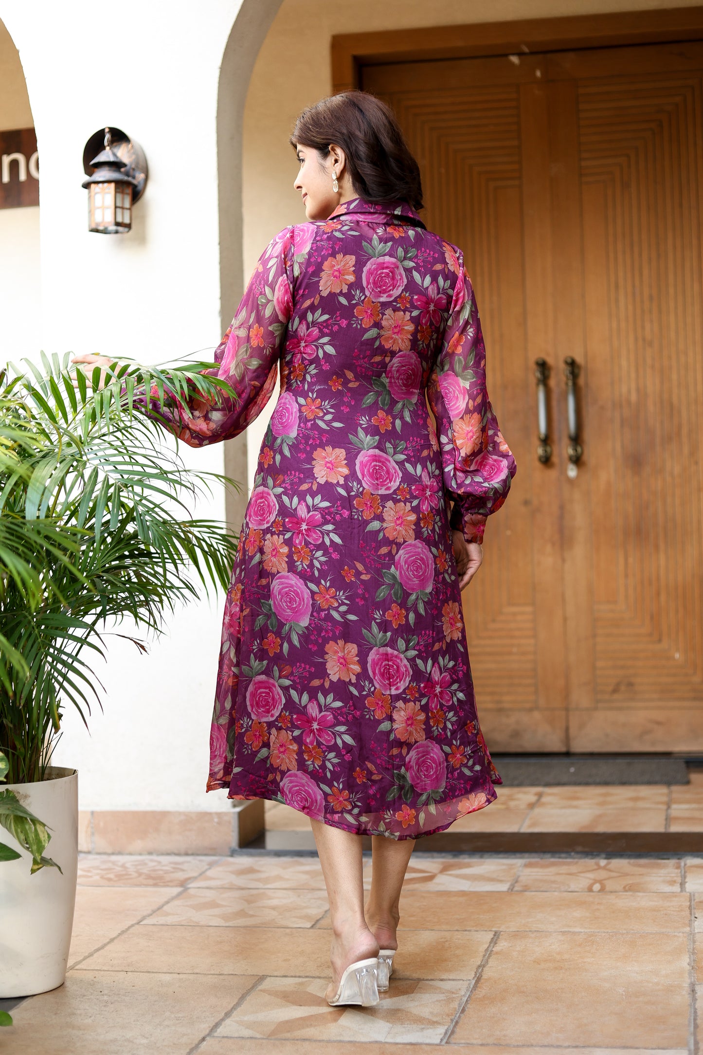 Floral Charm Belted Midi Dress – Plum Rose Print