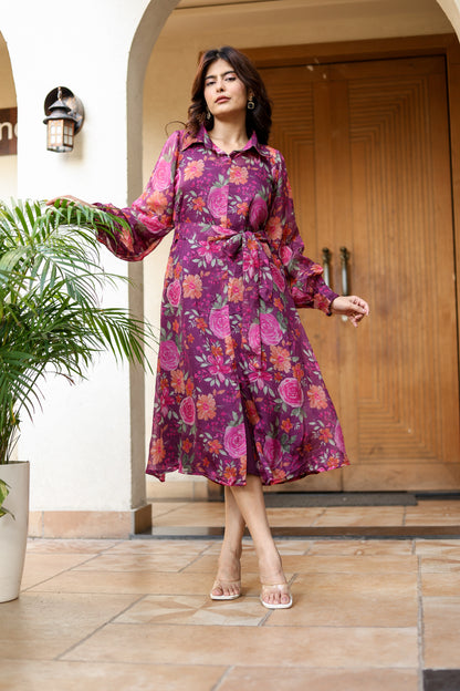 Floral Charm Belted Midi Dress – Plum Rose Print